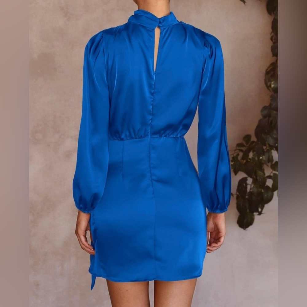 BTFBM Women's Long Sleeve Satin Mock Neck Ruched Tie Waist Large - Picture 3 of 8